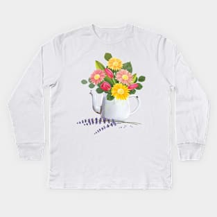 Vintage Coffee Pot With Flowers Kids Long Sleeve T-Shirt